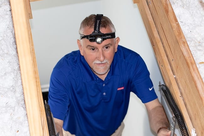 A skylight salesman climbs into an attic