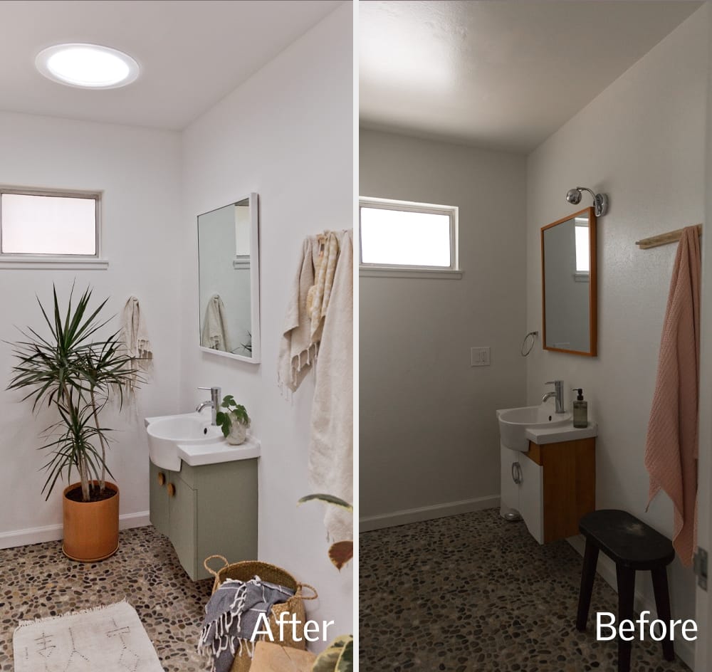 Side by side photos of the same bathroom showing it before and after a VELUX Sun Tunnel skylight has been installed.