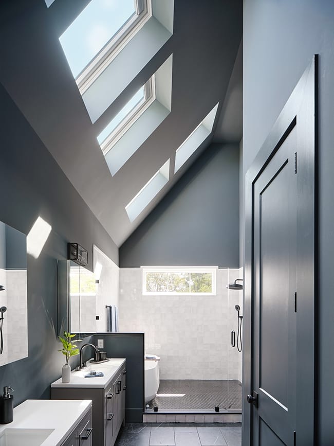 Bathroom skylights over vanity and shower dark gray walls