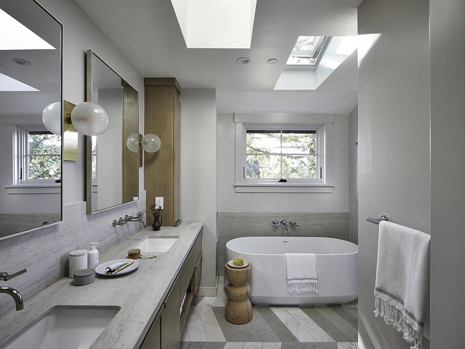 Neutral color bathroom with two skylights