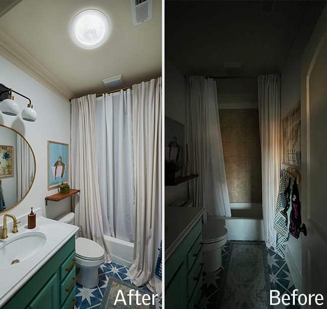 Blue and white bathroom before and after a Sun Tunnel skylight installation