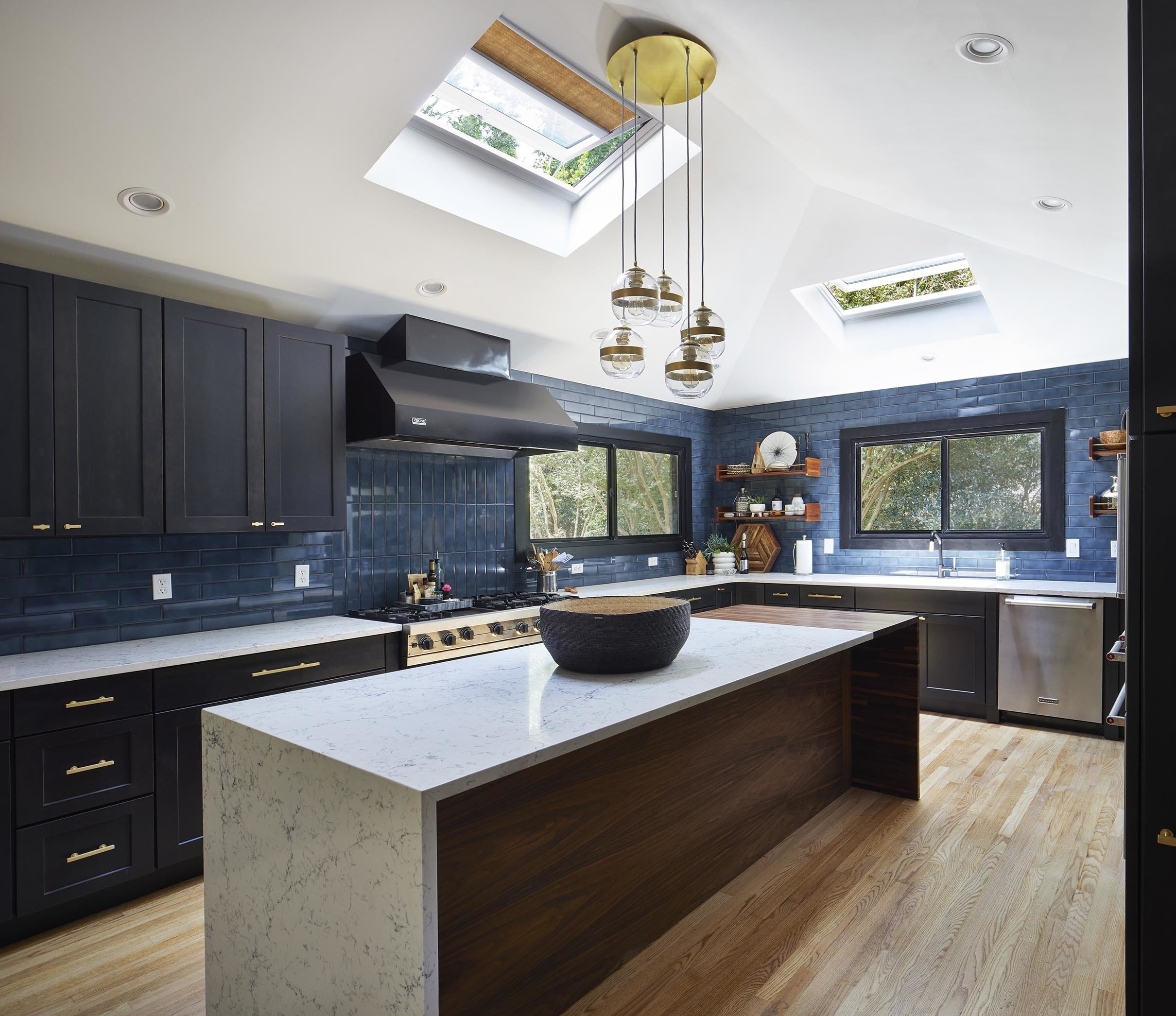 Blue black kitchen skylights with shades