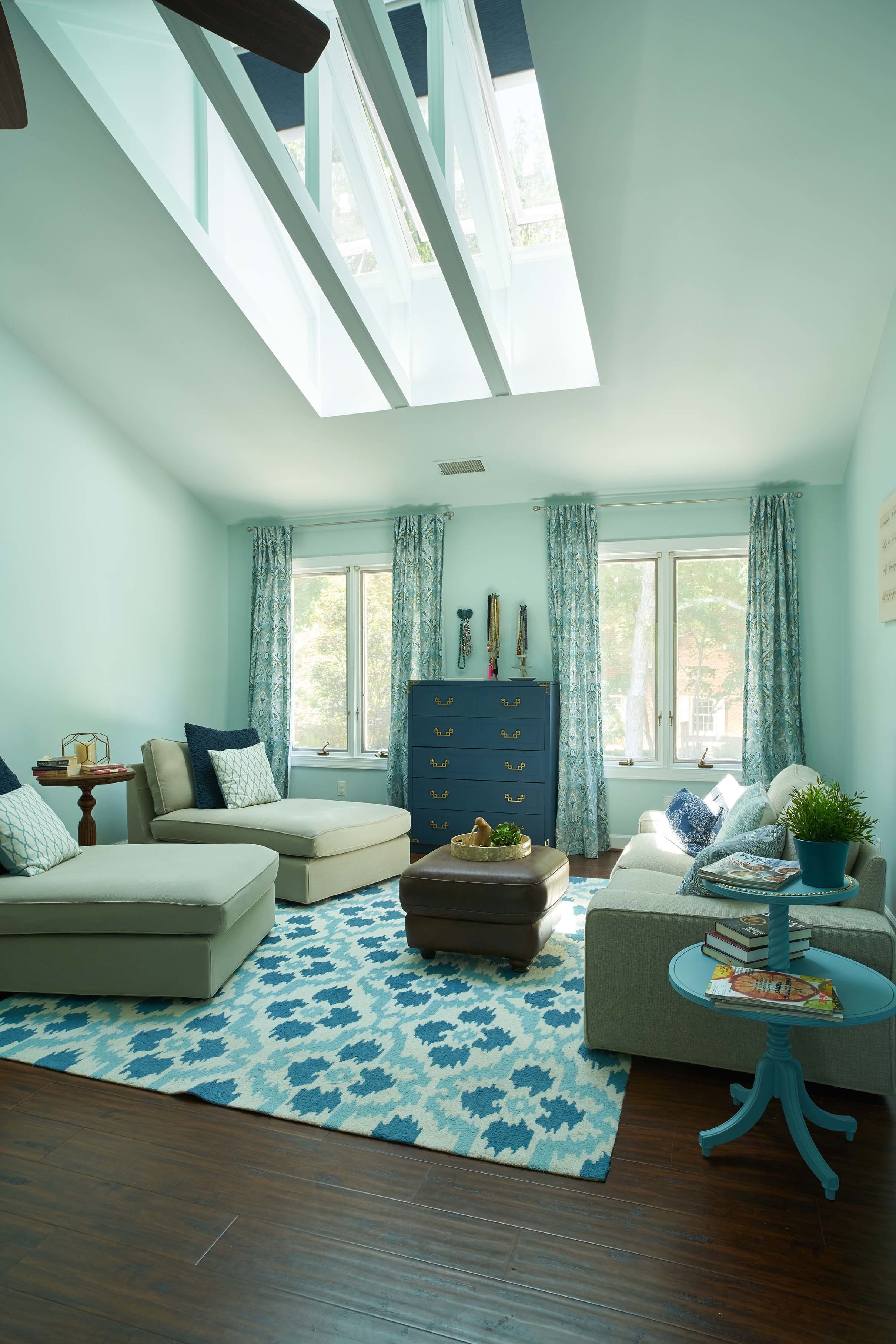 Blue living room skylights
