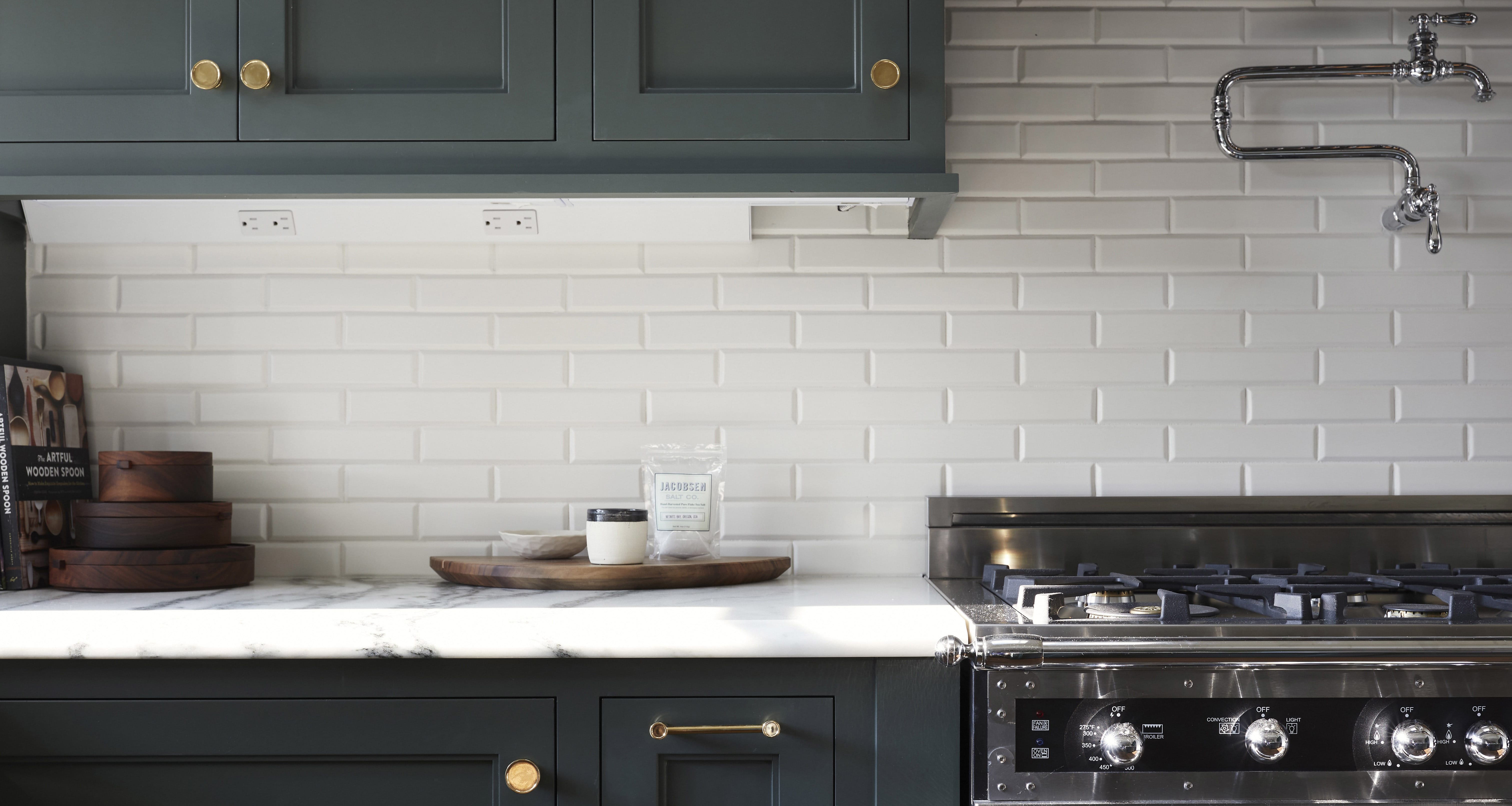 Unexpected Colors In The Kitchen, Grey Cabinets With White Subway Tile Backsplash