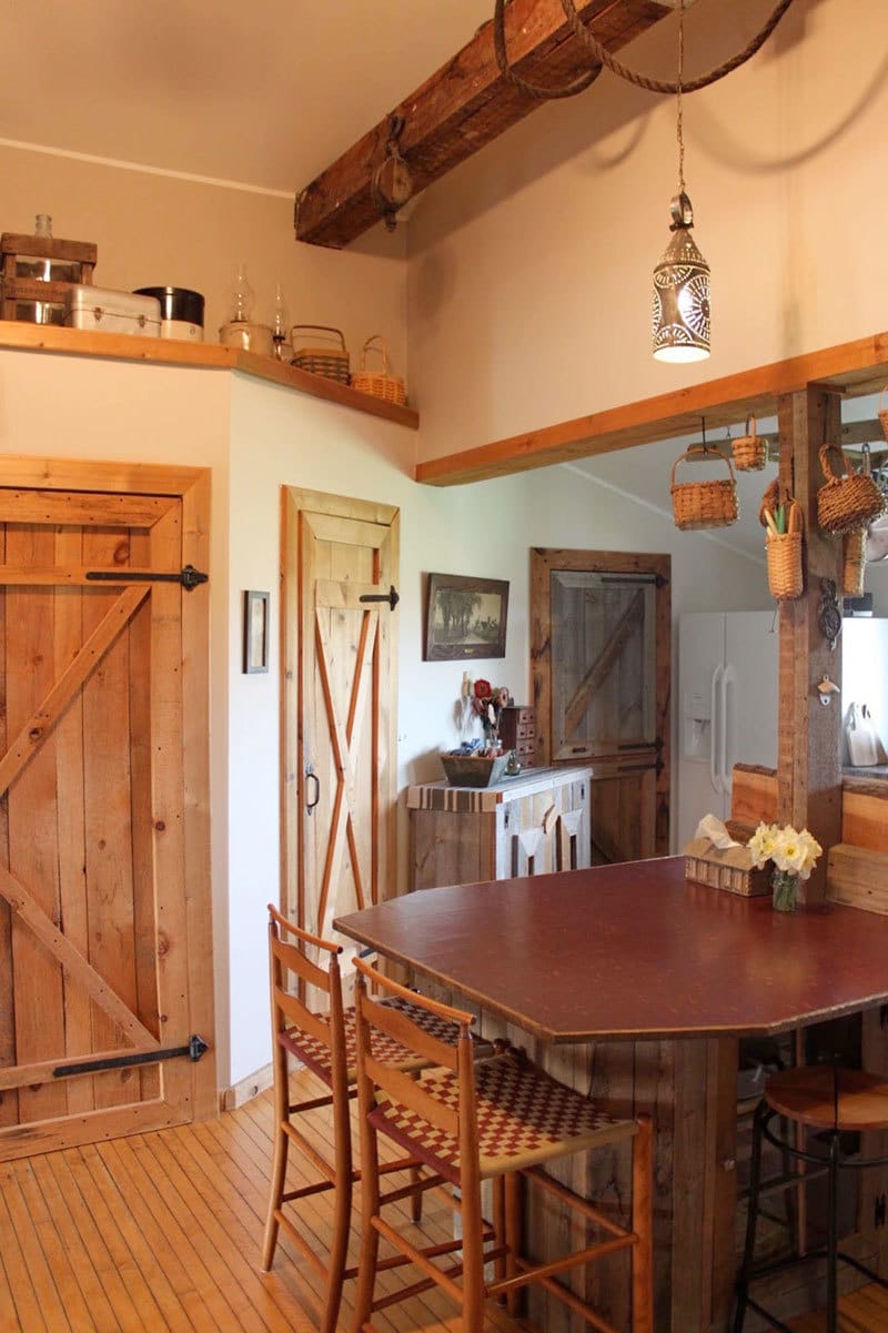 Kitchen before renovation wood floor beams