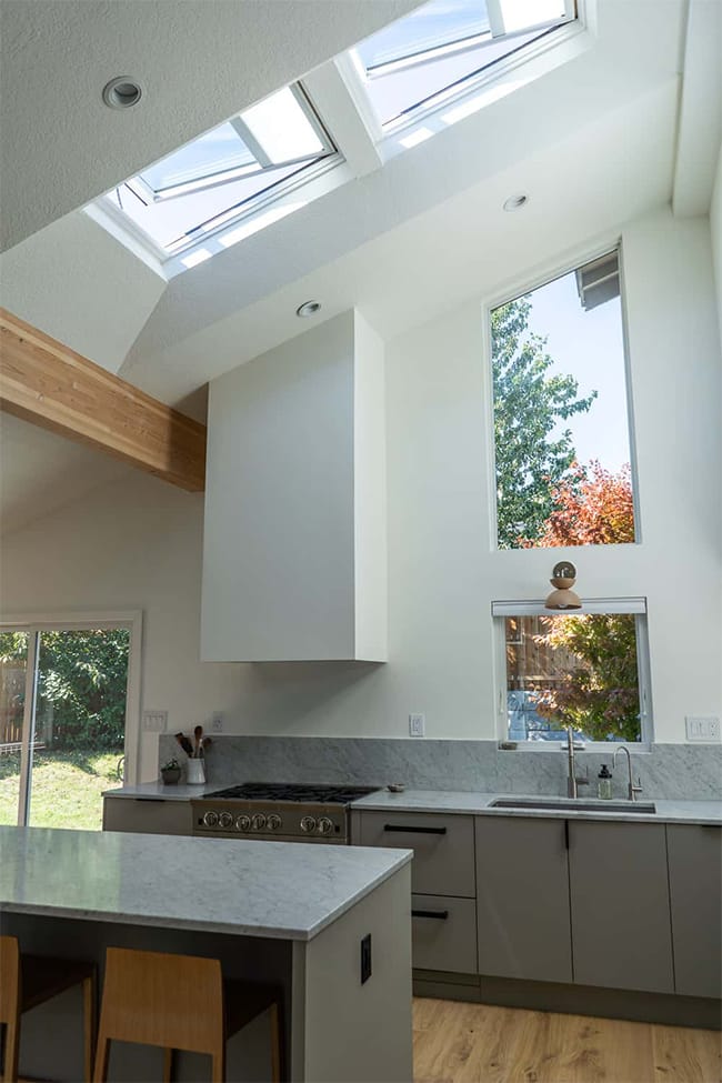 Kitchen with stacked skylights