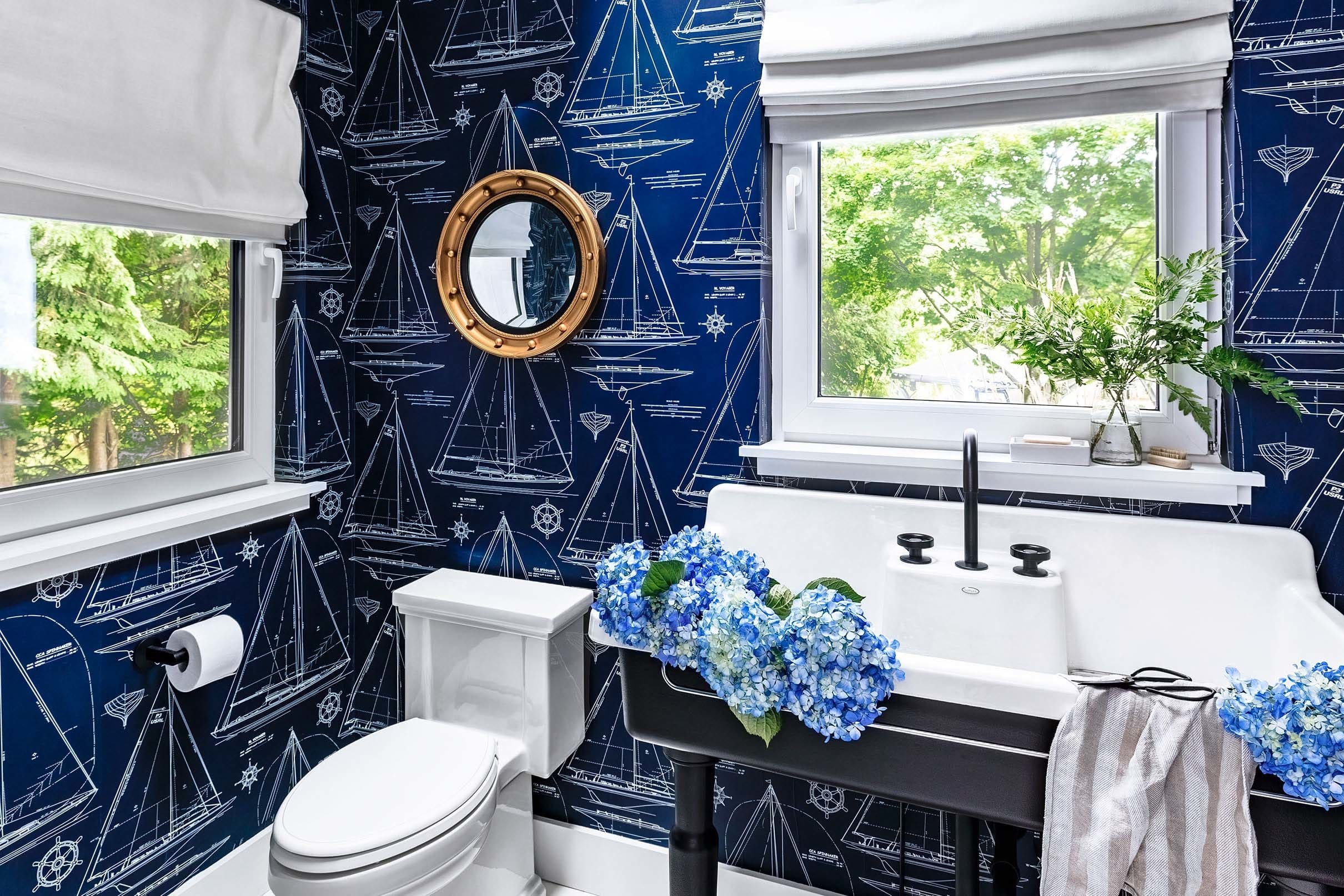 Nautical themed bathroom with skylight small