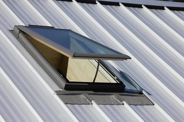 Open skylight metal roof closeup