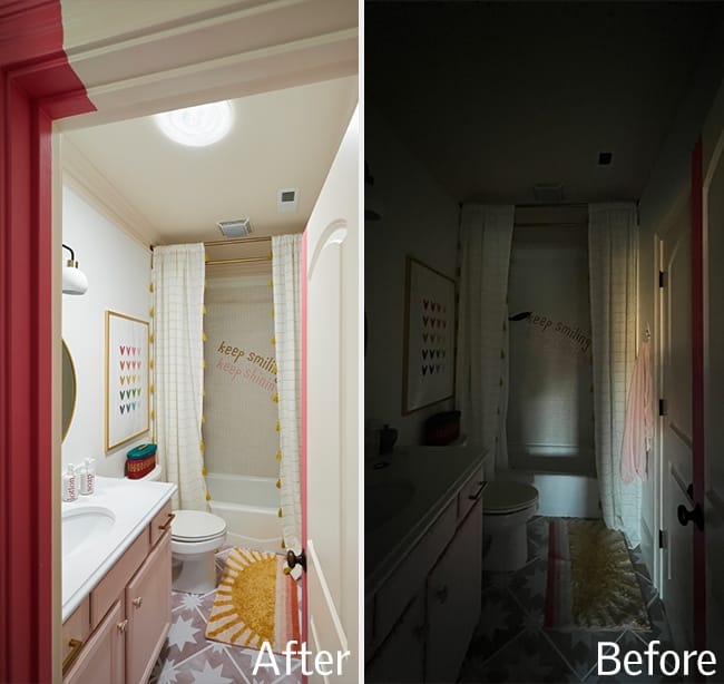 Pink and yellow bathroom before and after a Sun Tunnel skylight installation