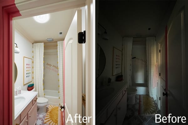Pink bathroom before and after a sun tunnel skylight installation