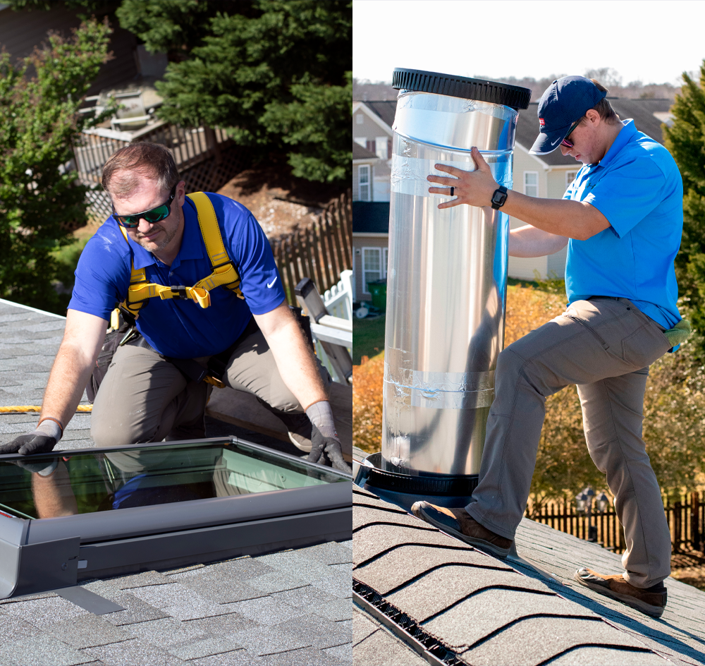 Side by side photos showing a man installing a skylight on the left and a man installing a sun tunnel skylight on the right.