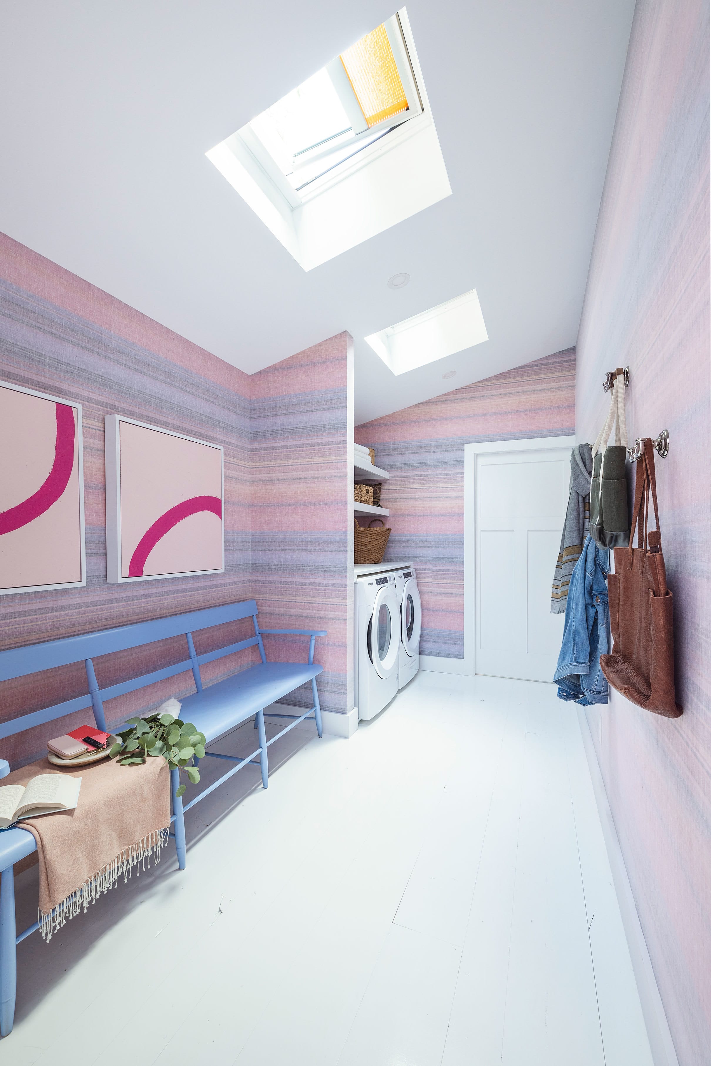 sunset inspired laundry room with two skylights