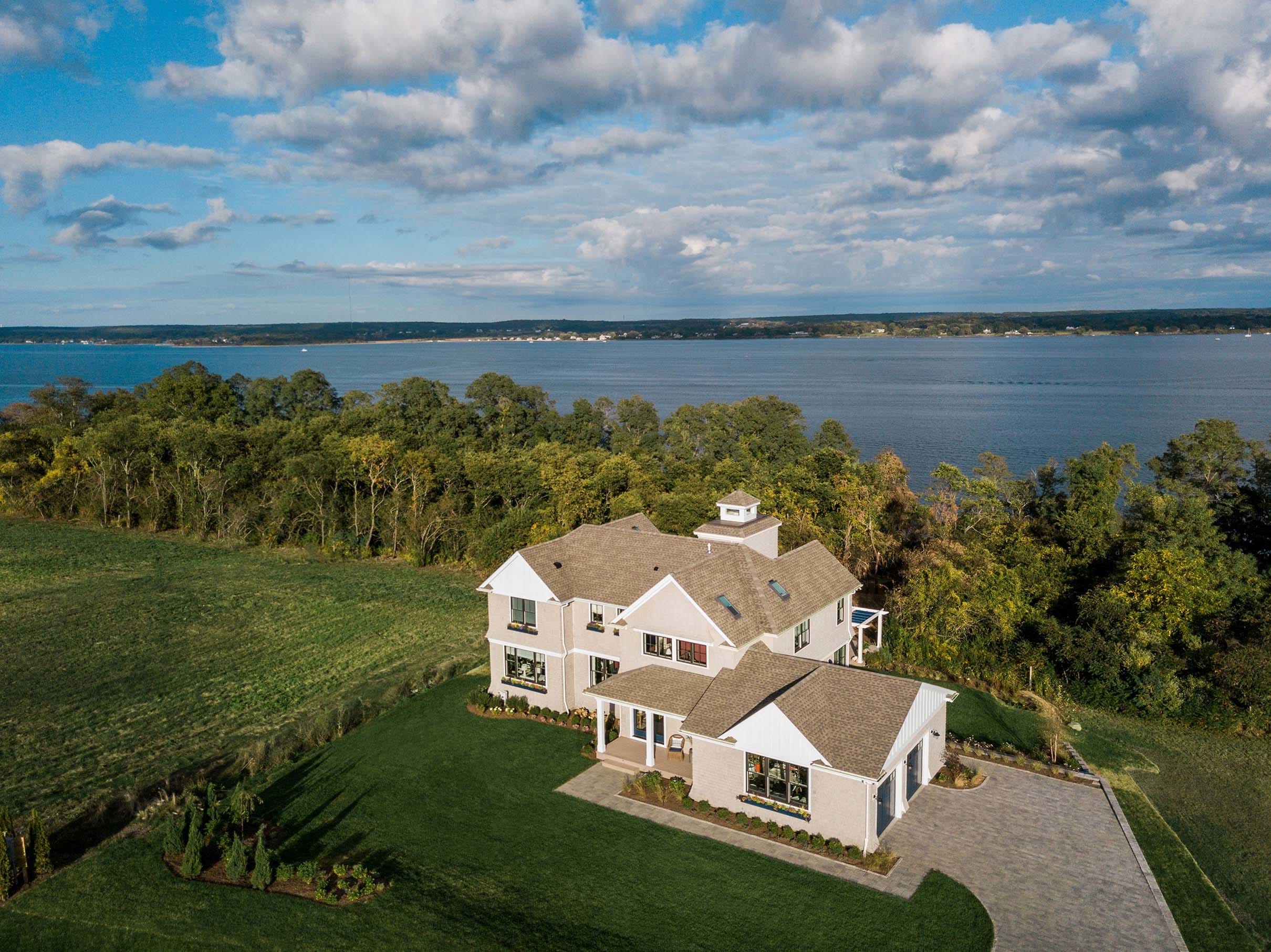 aerial view waterfront home