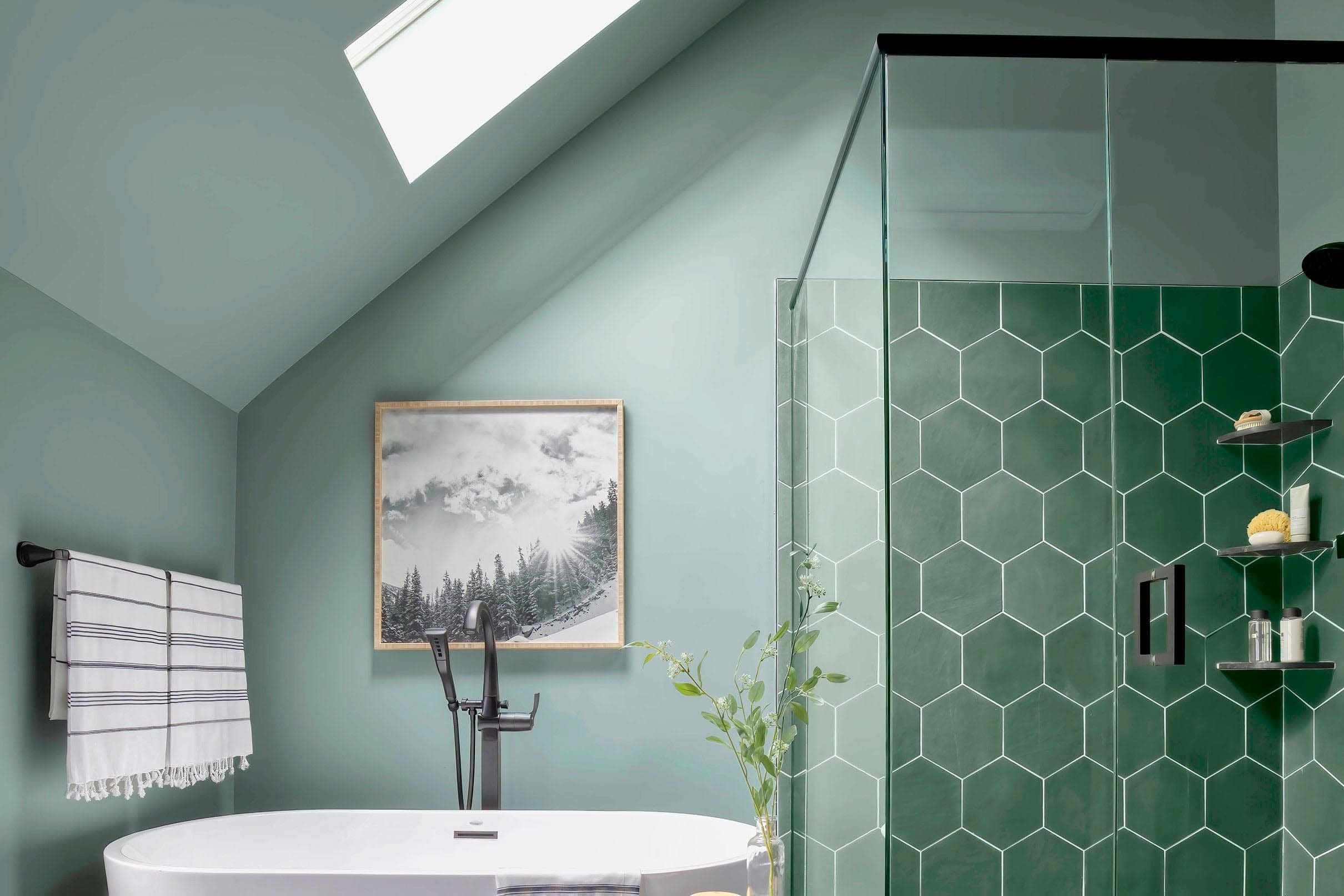 Bathroom green hexangonal tile skylight small