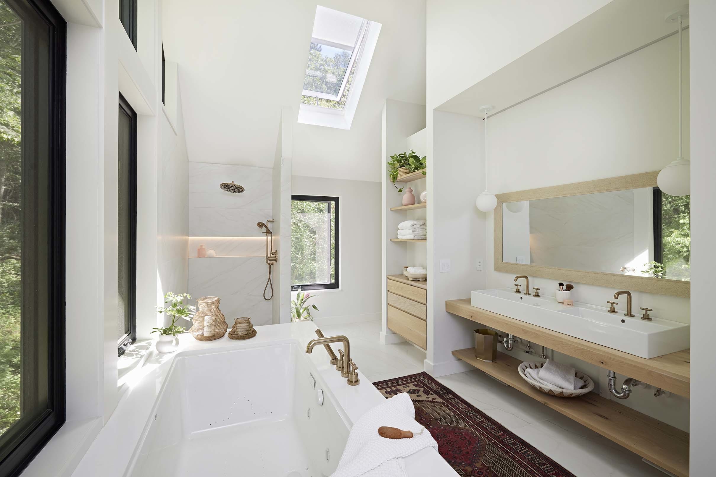 Bathroom open skylight bathtub vanity mirror small