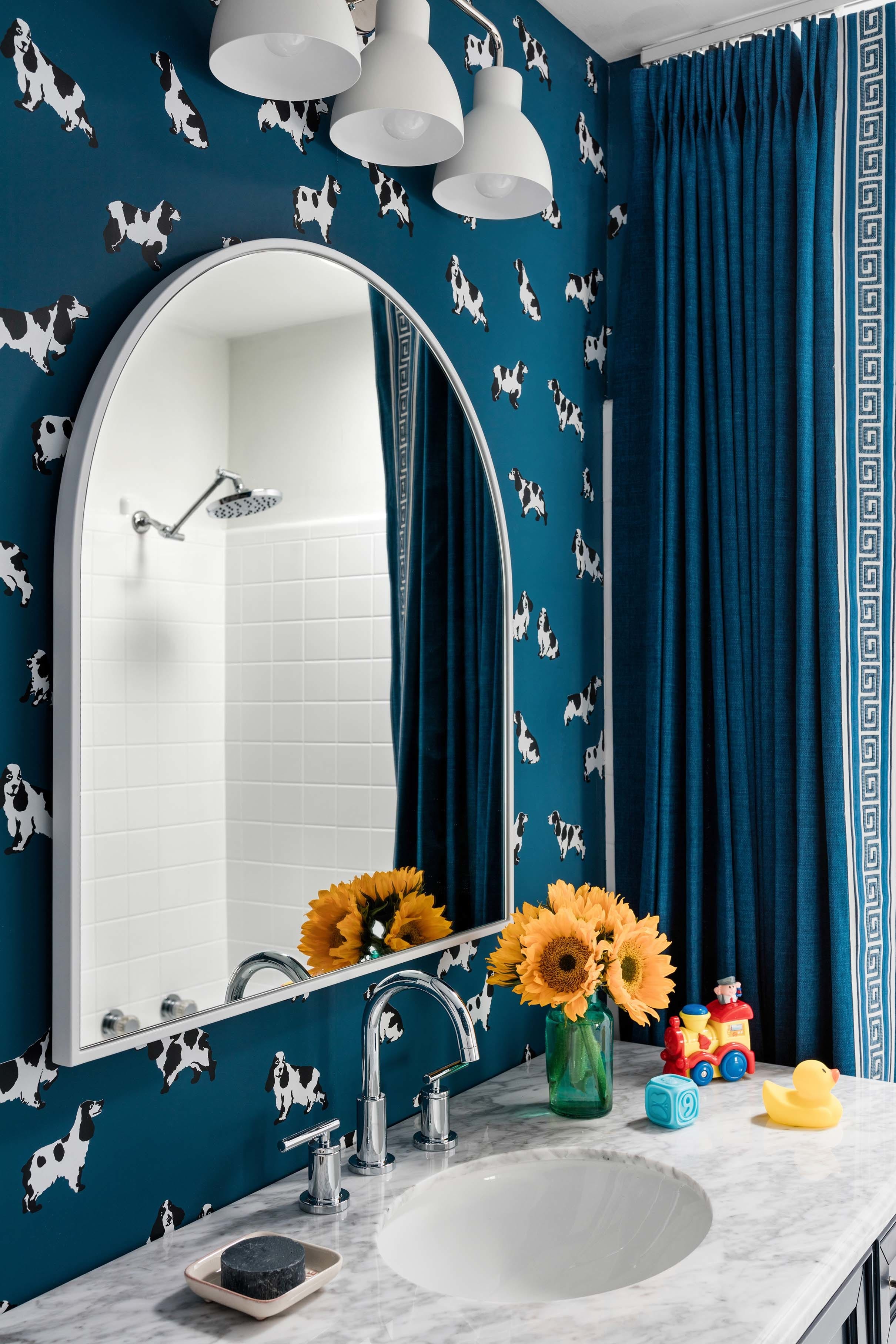 Bathroom vanity mirror blue dog wallpaper