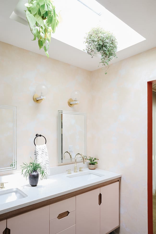 Bathroom with skylight over vanity and plants hnging from skylight shaft