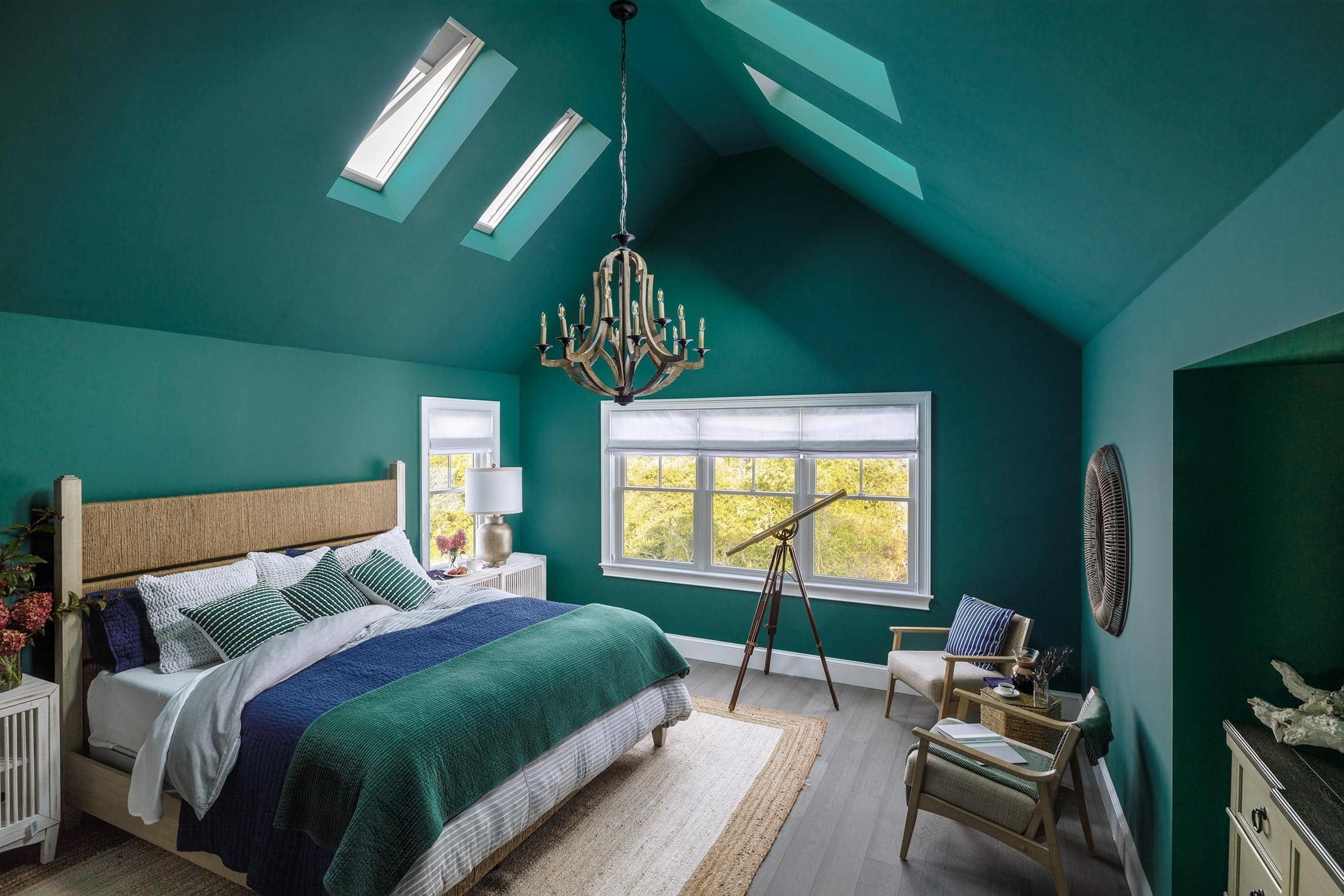 Bedroom green walls open skylights small