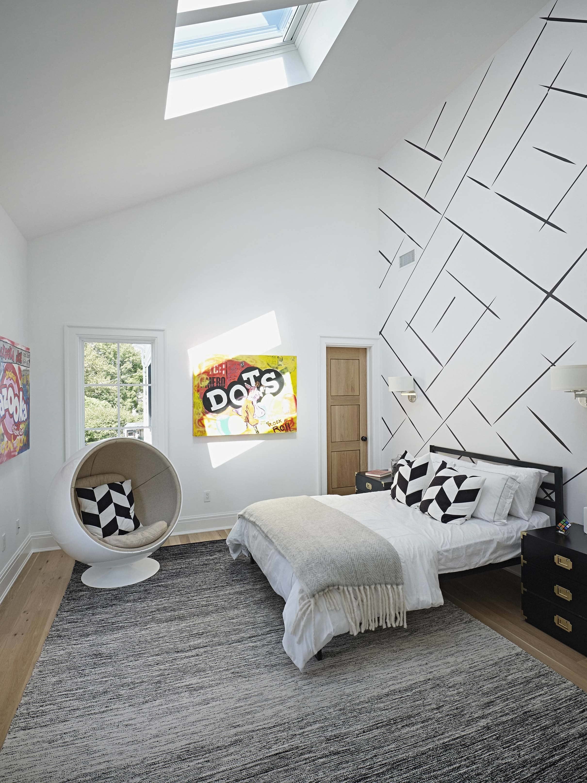 Bedroom skylights white gray geometric wallpaper