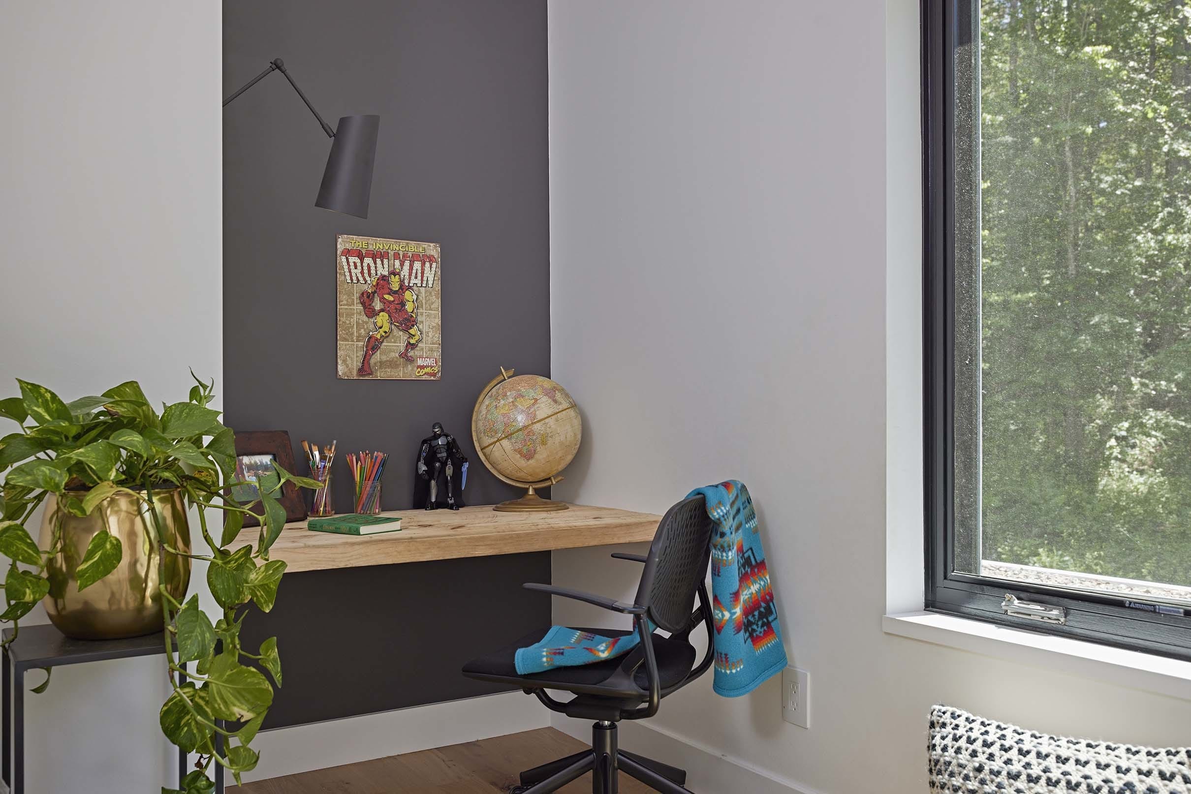 Built in desk bedroom grey wall plant