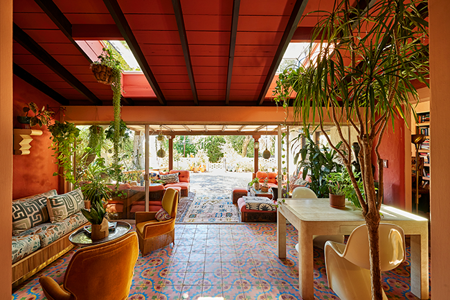Covered patio painted terracotta with two skylights and plants
