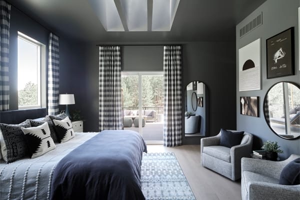 Gray bedroom with skylights