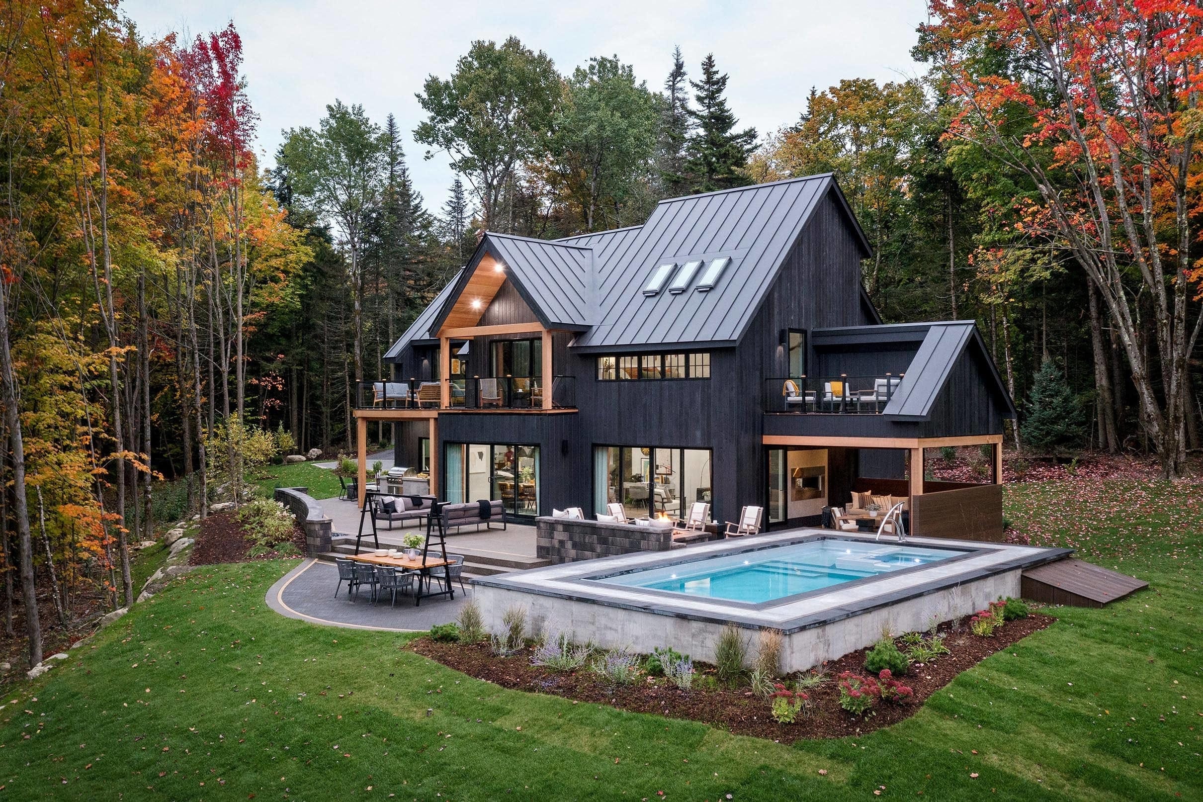 House black exterior fall leaves pool small