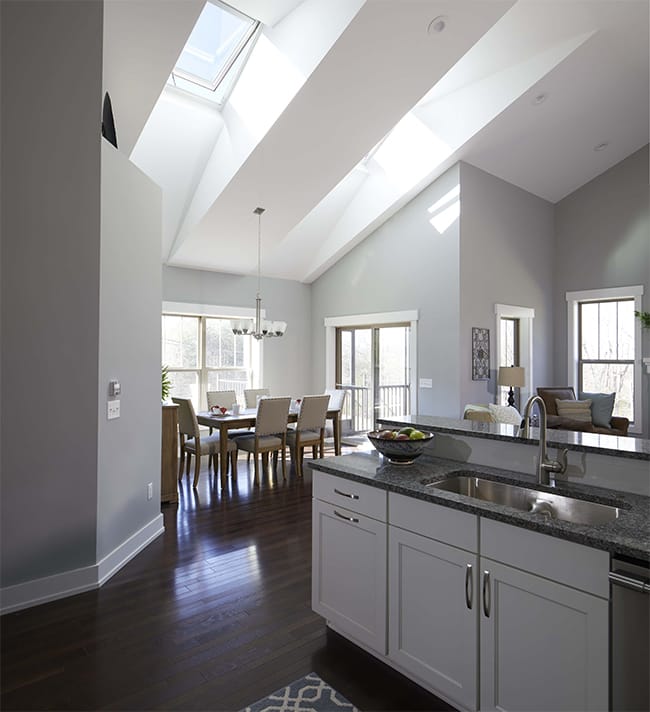 Kitchen dining room two skylights