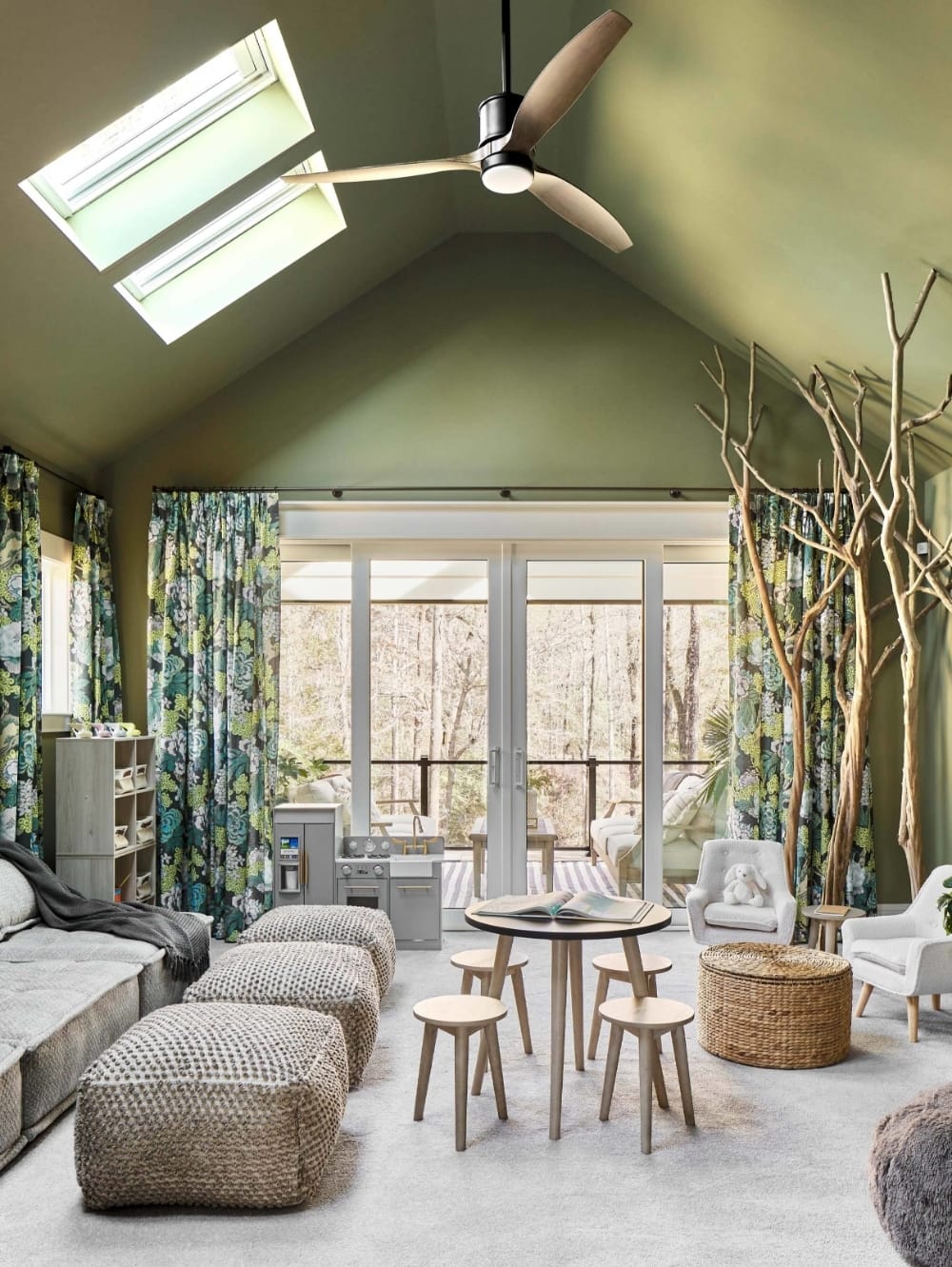 Living room green walls ceiling skylights