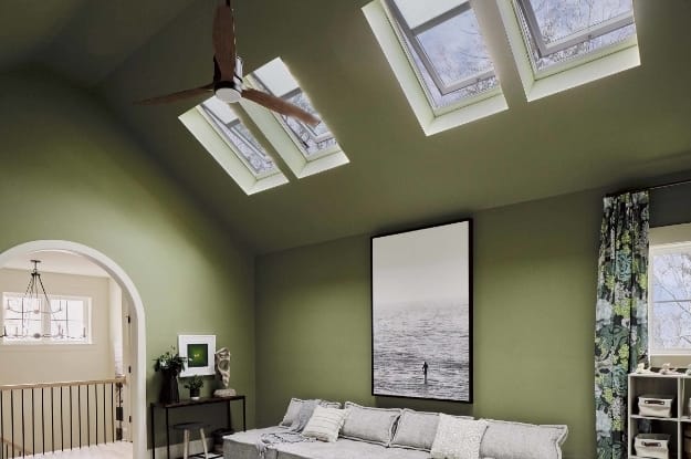 Living room skylights arched doorway