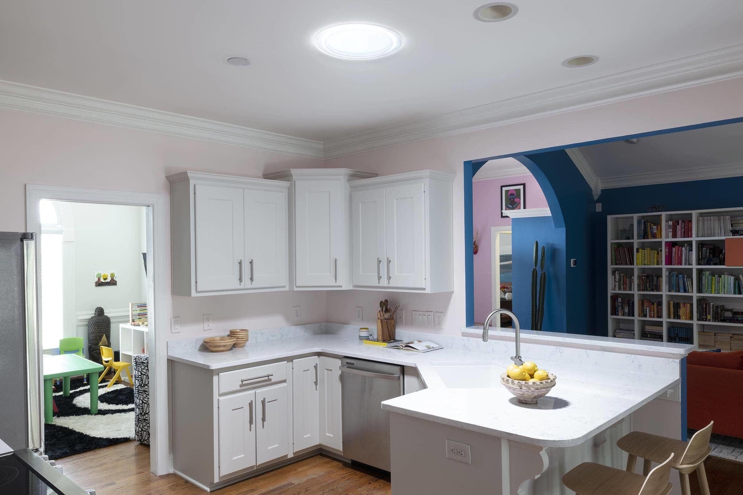 Pink kitchen blue living room small