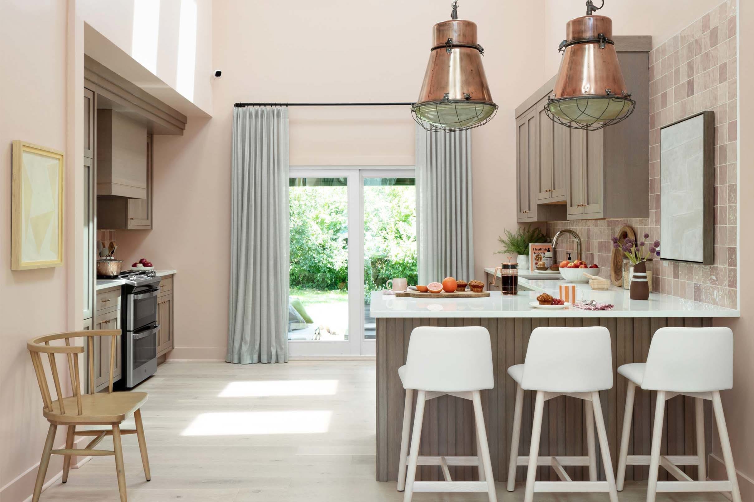Pink kitchen skylights grey cabinets small