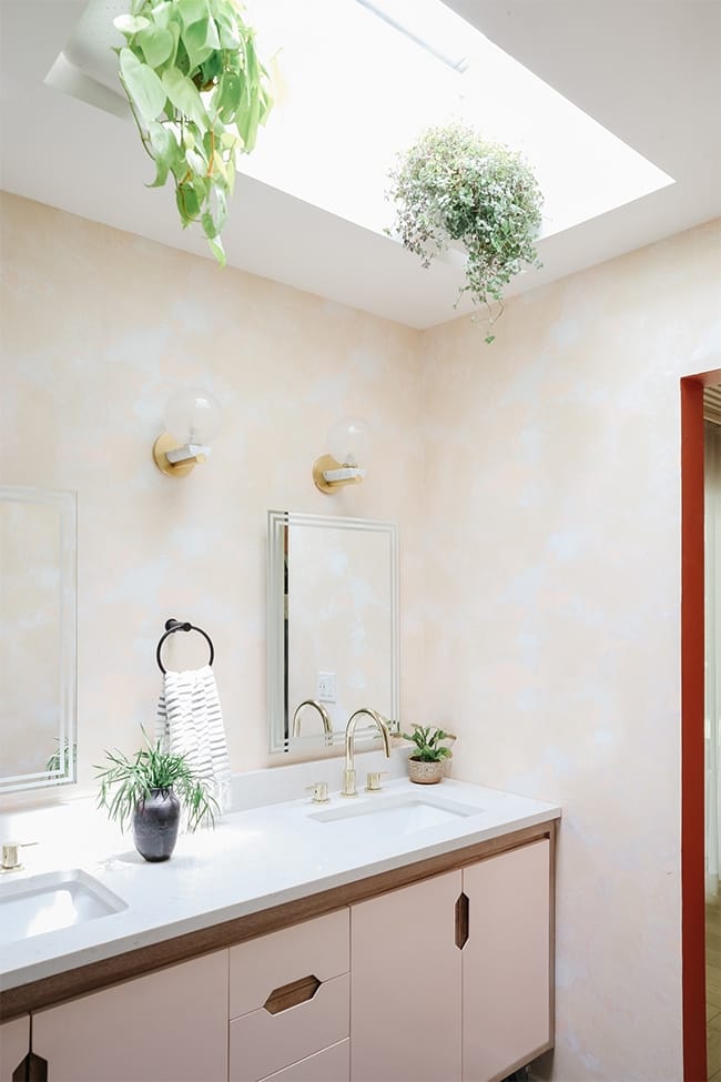 Skylight with hanging plants over bathroom vanity