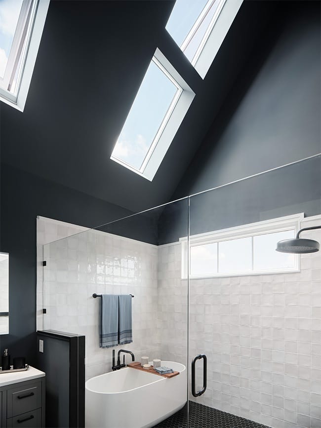 Two skylights installed vertically over a shower with a tub in it