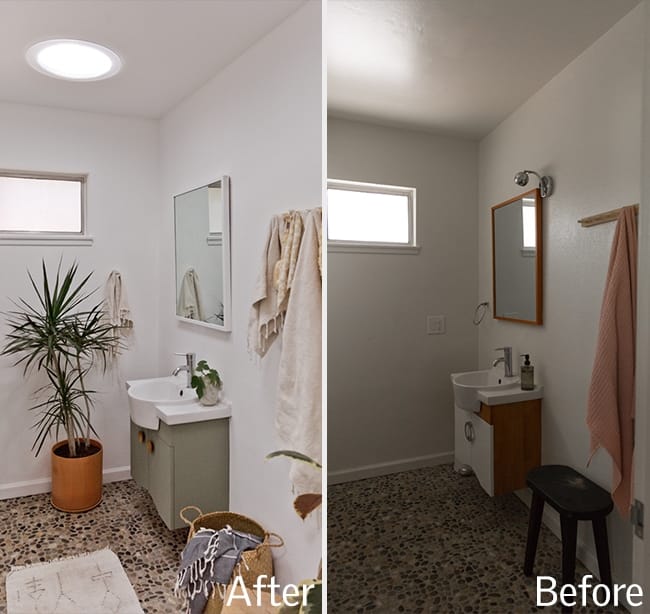 White and natural wood bathroom before and after sun tunnel skylight installation