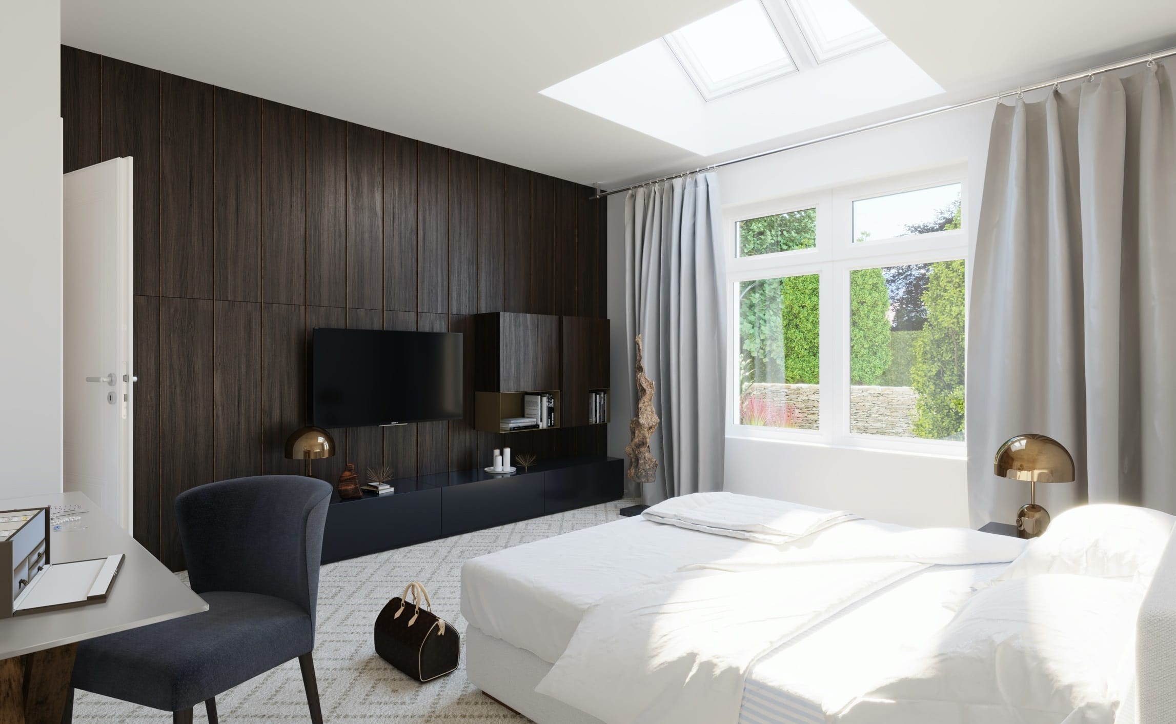 Bright bedroom with a dark wood wall has two skylights shining light on a white bed