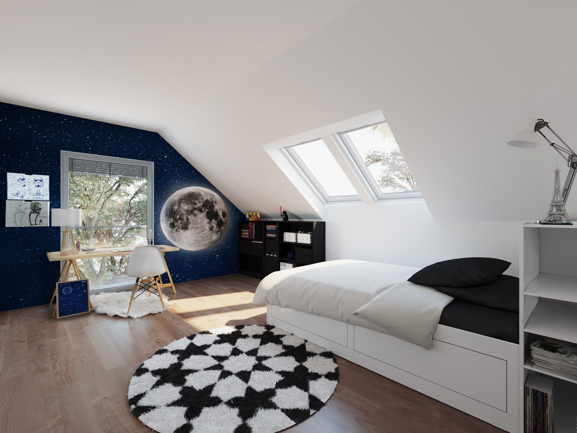 White bedroom with one dark blue accent wall with an angled ceiling that has two skylights installed